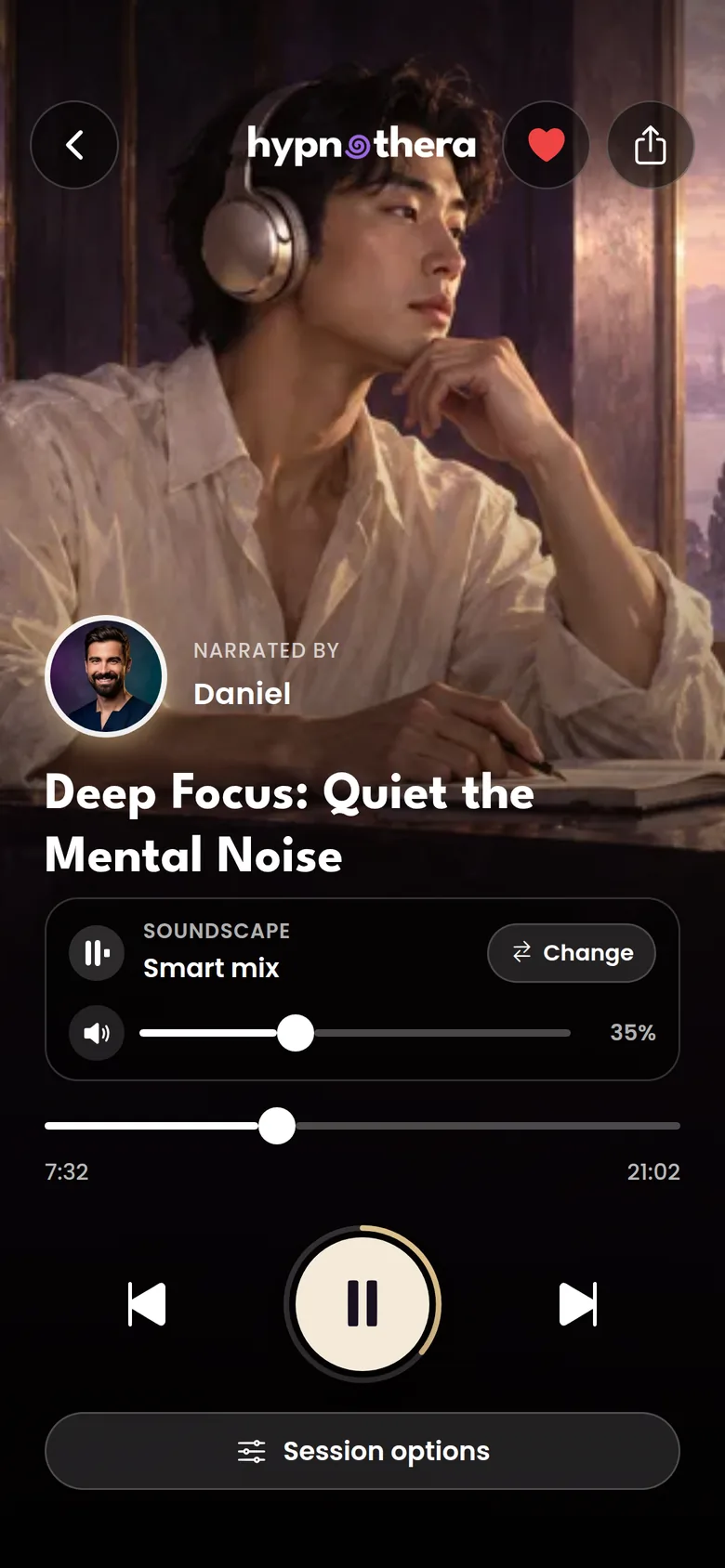 Session player for Deep Focus: Quiet the Mental Noise, narrated by Daniel, showing a soundscape volume slider, progress bar and pause button
